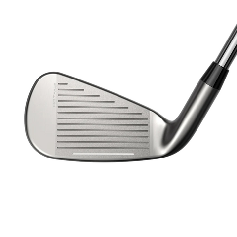 A close-up of the Cobra DS-ADAPT 2025 Irons club head by Cobra, featuring horizontal grooves, is shown against a white background with part of the forgiving irons shaft visible.