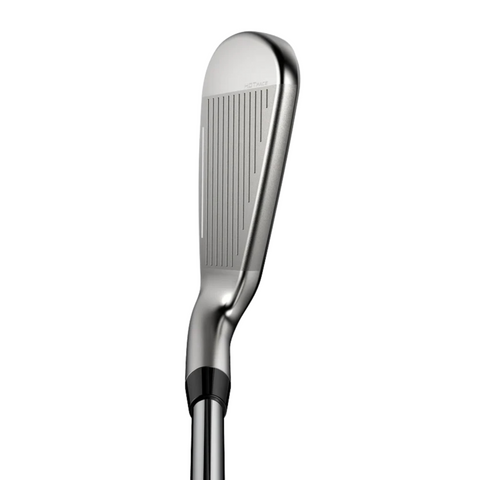 A close-up of the Cobra DS-ADAPT 2025 Irons by Cobra displays their sleek, reflective finish and grooved metallic face—an ideal pick for golfers looking for forgiving irons—set against a white background.
