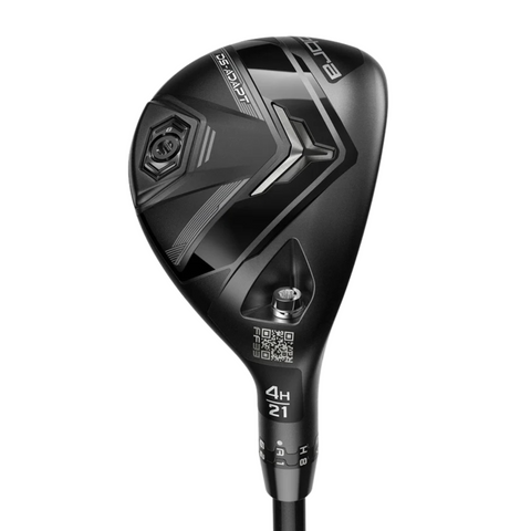 The black Cobra DS-ADAPT Hybrid golf club features a sleek, modern design with adjustable features, visible Cobra branding, “4H 21” markings, and a QR code on the face near the hosel for easy identification.