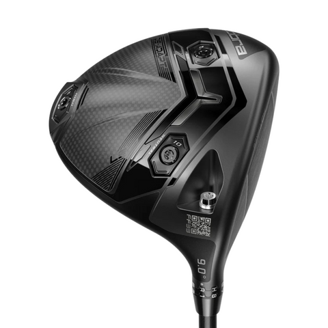 A close-up of the Cobra DS-ADAPT LS Driver by Cobra highlights its modern black clubhead, featuring adjustable weighting, carbon fiber detailing, and engraved text—showcasing its high-tech, low spin driver design.