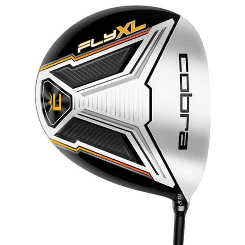 A close-up of a Cobra FLY XL 2025 Mens Package Set driver clubhead, showcasing its black, white, and silver design with yellow and orange accents plus the Cobra and Fly XL logos—offering forgiveness for golfers.