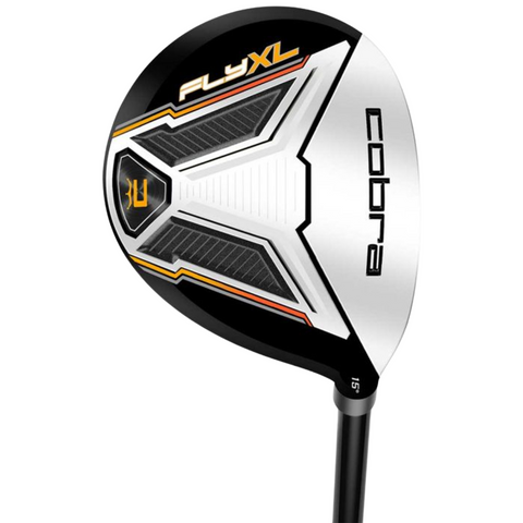 The Cobra FLY XL 2025 Mens Package Set by Cobra features a golf driver with a black, white, and silver head with the Fly XL logo in yellow and black. The forgiving club has a black shaft and the head is marked with the number 15.