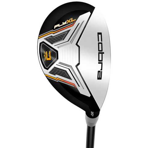 A close-up of a Cobra FLY XL 2025 golf club head from the Cobra FLY XL 2025 Mens Package Set, featuring a black, white, and silver design with orange accents, the Cobra logo, and the number 20 near the hosel.