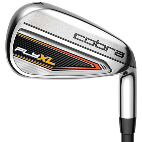 The Cobra FLY XL 2025 Mens Package Set features a silver golf iron with black, yellow, and orange accents on the head, displaying cobra and Fly XL branding—part of a forgiving set engineered by Cobra for enhanced mens performance.