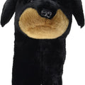 Daphne's Rottweiler golf driver headcover with black plush coat, tan eyebrows and muzzle, floppy ears and long protective sleeve