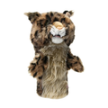 Daphne's Bobcat golf headcover on a clean white background, shown from the front with spotted brown plush fur, pointed ears, white muzzle and long whiskers.