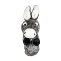 Daphne's Donkey golf headcover on a clean white background, shown from the front with grey plush fur, long white-lined ears, round eyes and black hooves.