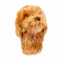 Daphne's Doodle golf driver headcover, front three-quarter view showing the shaggy light-brown plush coat, dark eyes, black nose and protective body on a clean white background