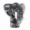 Daphne's Elephant golf headcover shown upright from the front, with grey plush fur, oversized ears, a long curved trunk and two white tusks.