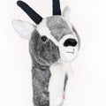 Daphne’s Goat golf driver headcover with grey and white plush fur and black horns, on a white background.
