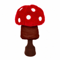 Daphne's Mushroom golf driver headcover, front view showing the red plush cap with white spots, brown stem and knitted protective sleeve on a clean white background