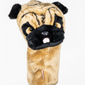 Daphne's Pug golf driver headcover with tan plush face, black muzzle and ears, round eyes, small tongue and long protective sleeve, shown from the front