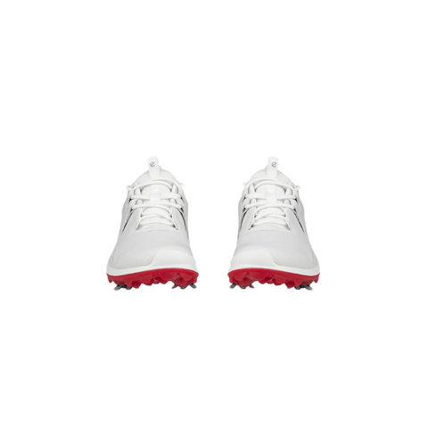 The ECCO Biom Tour Womens Golf Shoes by Ecco, shown in white with red and black soles against a plain background, combine style and comfort for women golfers.