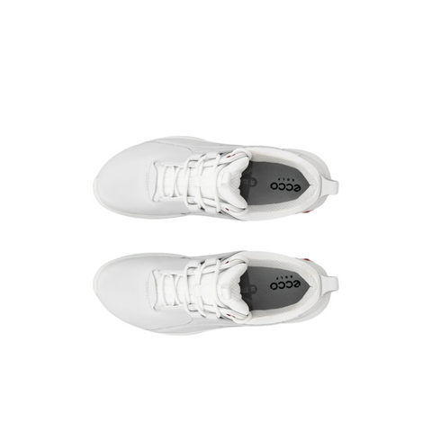 A pair of ECCO Biom Tour Womens Golf Shoes by Ecco in white, shown from above with visible laces and Ecco logo on the insoles, displayed on a white background—stylish waterproof footwear for women golfers.