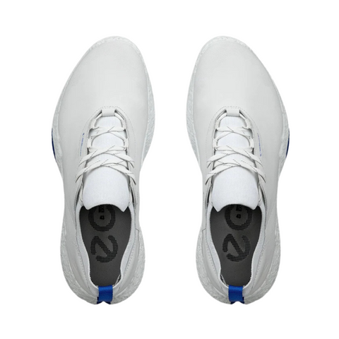Top view of ECCO Mens Biom H5 Golf Shoes 2025 by Ecco: white athletic sneakers with white laces, gray insoles with black graphics, blue pull tabs, and all-weather grip, shown on a plain white background.