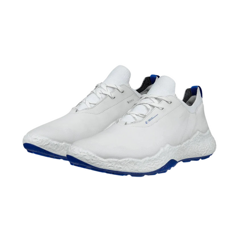 The ECCO Mens Biom H5 Golf Shoes 2025 by Ecco are white athletic sneakers with textured midsoles and blue accents on the heel and outsoles, inspired by Scandinavian design, shown on a plain white background.