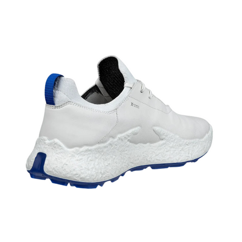 The ECCO Mens Biom H5 Golf Shoes 2025 by Ecco features a white athletic design with a textured sole, blue outsole accents, blue heel tab, and black inner lining—Scandinavian style and all-weather grip—shown from a rear side angle on white.