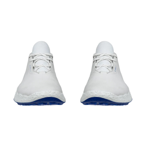 A pair of ECCO Mens Biom H5 Golf Shoes 2025 by Ecco, white with white laces, textured white midsoles, blue outsoles, and all-weather grip inspired by Scandinavian design, shown from the front.