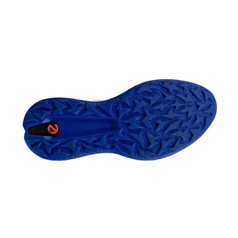 The ECCO Mens Biom H5 Golf Shoes 2025 features a blue, star-patterned textured sole with a small orange logo near the heel, showcasing Scandinavian design. The image appears on a white background. Brand: Ecco.