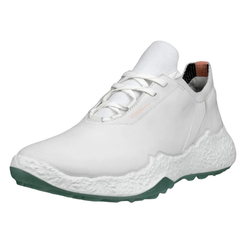 The ECCO Womens Biom H5 Golf Shoes 2025 by Ecco feature a low-cut white athletic design, thick textured white sole, green outsole, white laces, and an orange-accented heel tab—ideal for all-weather golf enthusiasts.