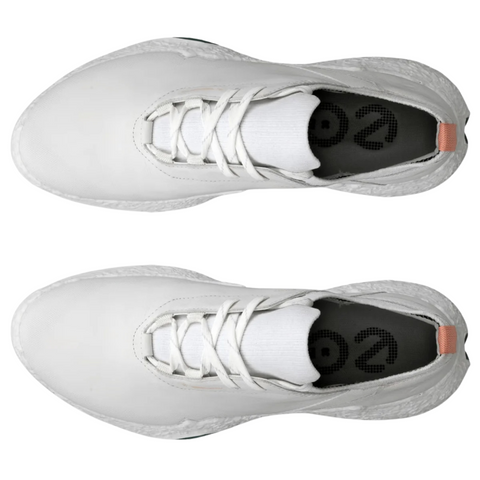 Top view of Ecco ECCO Womens Biom H5 Golf Shoes 2025, white lace-up sneakers with white soles and an orange heel tab; black “02” on the insoles—stylish all-weather golf shoes.