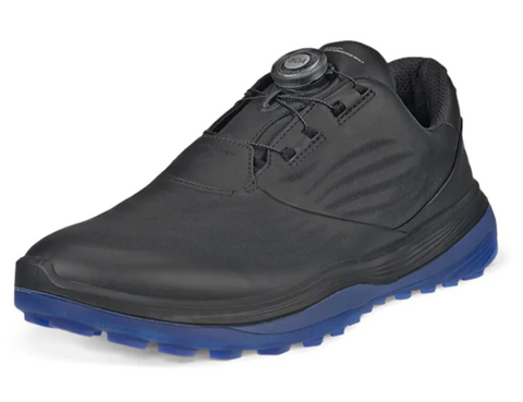 The Ecco Mens BOA LT1 Golf Shoes in Black/Blue feature the BOA Fit System for easy lacing, a cushioned and textured design for comfort and support—ideal for performance on the golf course.