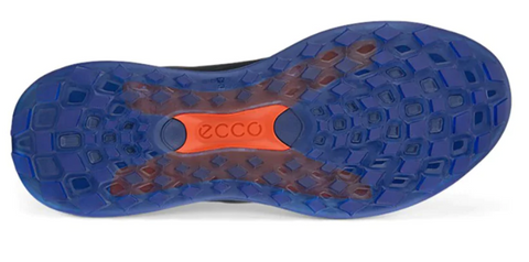 Close-up of the Ecco Mens BOA LT1 Golf Shoes - Black/Blue sole, featuring a blue and orange hexagonal tread pattern, cushioned comfort, and the Ecco logo on an orange section.