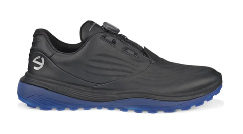 The Ecco Mens BOA LT1 Golf Shoes in Black/Blue feature a modern, lace-free design with the BOA Fit System, a blue sole, gray heel logo, and sleek profile for a lightweight look. Brand: Ecco.