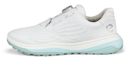 The Ecco Womens BOA LT1 Golf Shoe in White/Blue features a seamless upper and BOA Fit System dial closure—combining modern style and performance for women golfers.