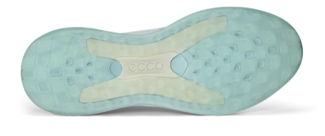 The image displays the white and blue textured sole of the Ecco Womens BOA LT1 Golf Shoe, showing the ECCO logo at the center. The sole combines smooth and patterned surfaces for enhanced traction.