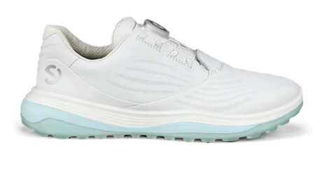 The Ecco Womens BOA LT1 Golf Shoe in White/Blue features the innovative BOA Fit System dial, a light blue sole for grip, and subtle wave patterns—perfect for women seeking style and performance on the course.