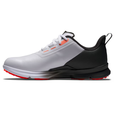 The FootJoy 2025 Men's Fuel Golf Shoe is shown in white with a black heel, white laces, orange accents, and a red-and-black spikeless sole, combining FootJoy style and performance in a sleek side profile against a plain background.