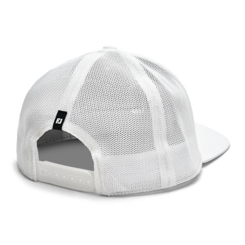 The FootJoy 2025 Play Fast Trucker Hat in white is shown from the back, featuring a lightweight design, adjustable snapback closure, and a small black logo tag.