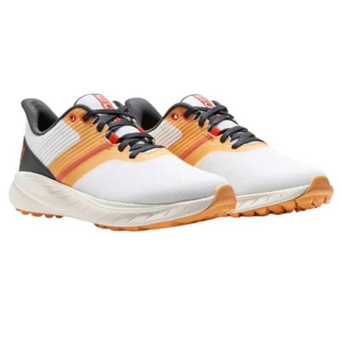 The FootJoy 2025 Women's Flex Golf Shoes feature white mesh uppers, gold and shadow accents, black laces, and tan soles. Inspired by lightweight golf shoes, they offer a modern look with breathable comfort.