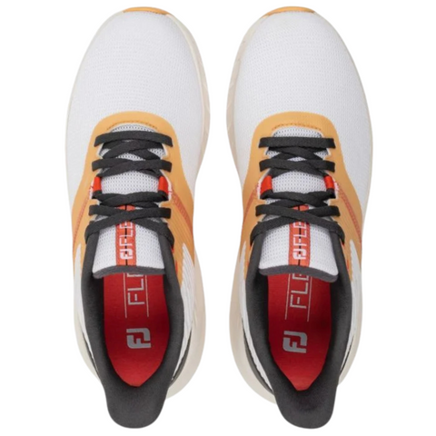 Top view of FootJoy 2025 Women's Flex Golf Shoes in White/Gold/Shadow, featuring lightweight white mesh uppers, gold and shadow accents, black laces, red insoles, and FJ FLEX branding on the tongues and insoles.
