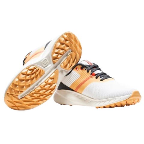 A pair of FootJoy 2025 Women's Flex Golf Shoes in White/Gold/Shadow with mesh uppers, colorful accents, black laces, and gum-colored textured soles; one shoe stands upright, the other lies on its side to show the tread.