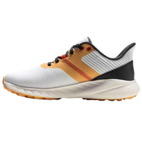 The FootJoy 2025 Women’s Flex Golf Shoe features a white and gold upper with shadow accents, black laces, and a white sole with a light brown outsole—perfect for golfers seeking a modern, lightweight option. Side view shown.