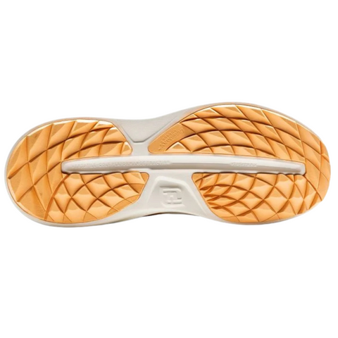 The image displays the sole of the FootJoy 2025 Women's Flex Golf Shoes in White/Gold/Shadow, with a light orange, diamond-textured tread and white midsole, shown from below to highlight its breathable design.