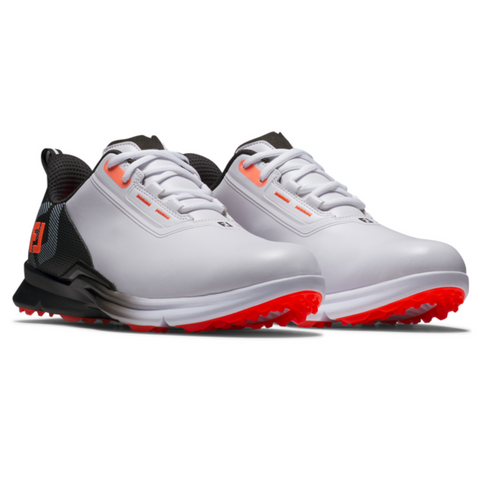 FootJoy Fuel 25 Men’s Golf Shoes for men in white, with spikeless red outsoles, black and gray heels, and orange lace accents—these waterproof shoes by FootJoy are shown on a white background.