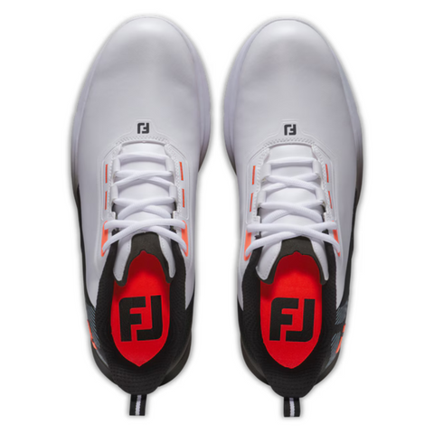 A top view of the FootJoy Fuel 25 Men’s Golf Shoes shows white, spikeless, waterproof athletic shoes with black and red accents, FJ branding on the tongue and heel, white laces, and a modern design from the FootJoy brand.