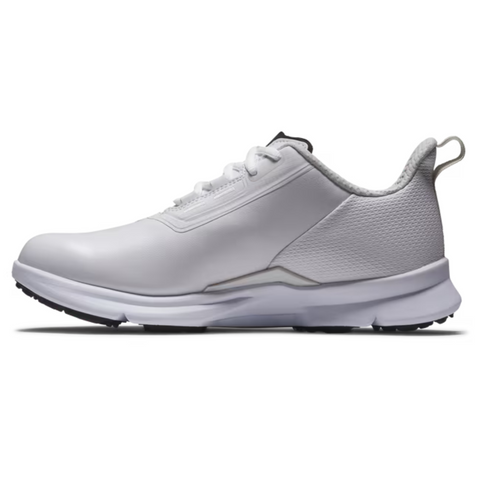 The FootJoy Fuel 25 Women’s Golf Shoe is a white, low-cut, lace-up design with a textured heel and thick sole by FootJoy, shown in a side view on a plain white background.