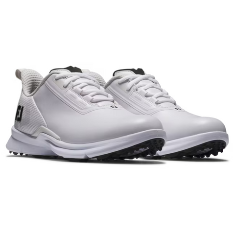 The FootJoy Fuel 25 Women’s Golf Shoes feature a white design with black soles, laces, and accents, FJ branding on the side, a mesh collar, and a spikeless sole for all-day comfort on the course.