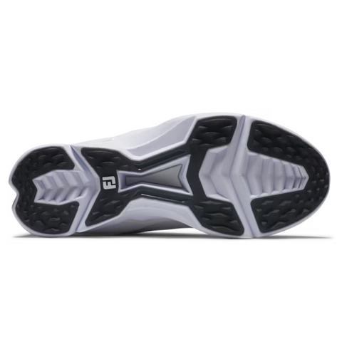 The image features the sole of the FootJoy Fuel 25 Women’s Golf Shoe by FootJoy, showcasing a white and black spikeless design with a textured, patterned tread for grip and an X-shaped detail in the center.