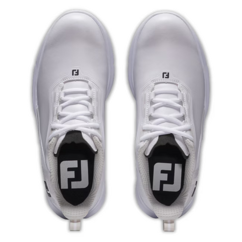 Top-down view of FootJoy Fuel 25 Women’s Golf Shoes by FootJoy—white spikeless shoes with white laces and black insoles featuring a bold white FJ logo, shown side by side on a plain background.