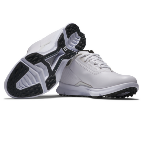 The FootJoy Fuel 25 Women’s Golf Shoes by FootJoy feature a crisp white design with black textured spikeless soles; one shoe is upright to show the top, while the other displays the sole’s grip—ideal for comfort and style on the green.