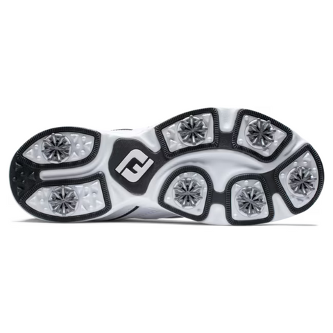 The image shows the bottom of FootJoy Golf Specialty Mens Shoes with six large, spiked cleats, a black-and-white pattern, and a central stylized FootJoy logo.