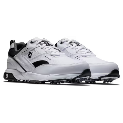 A pair of FootJoy Golf Specialty Mens Shoes in white with black accents, featuring textured spiked soles and laces, are positioned side by side against a plain background.
