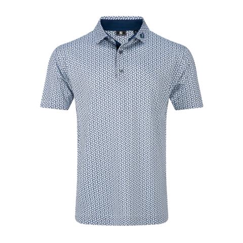 The FootJoy Men’s Citrus Print Lisle Polo in White/Navy features short sleeves, a tailored fit, button-up collar, and ProDry performance fabric for comfort, paired with a subtle citrus print for stylish play on the course.
