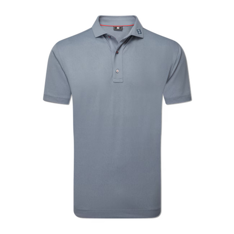 The FootJoy Men's Etched Texture Print Lisle Polo in Flint is a light gray, short-sleeved golf polo with a collar and three buttons, made from breathable lisle performance fabric and shown on a white background.