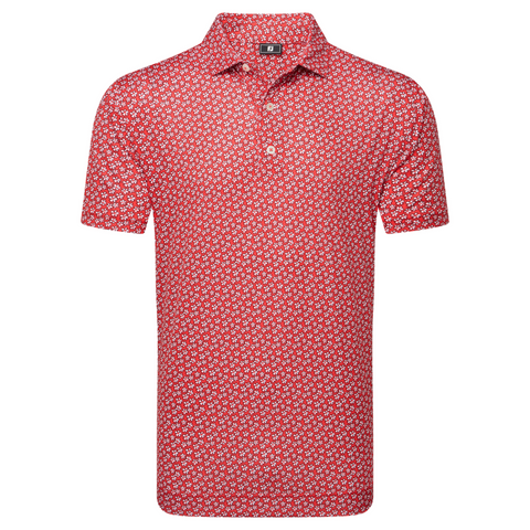 FootJoy Men's Floral Sketch Print Lisle Polo in Hibiscus/White, featuring a small white floral sketch print, button-up collar, and fitted design. Moisture-wicking golf shirt photographed laid flat on a white background.